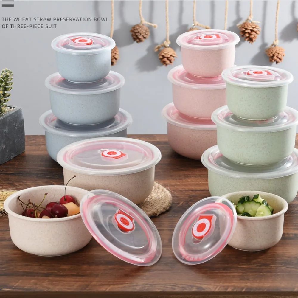 3PCS/Set Wheat Lunch Bowl Box Round Lunch Box With Lid Can Be Microwave Sealed Bowl Kitchen Supplies Storage Box