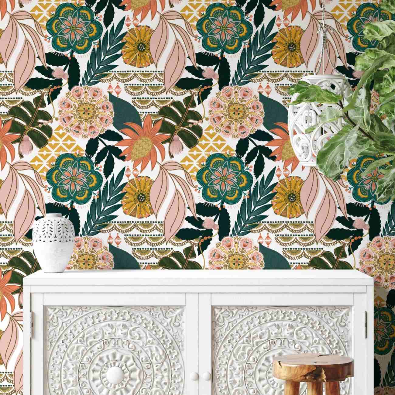 Bohemian Floral Peel and Stick Wallpaper Removable Waterproof Self Adhesive Wall Sticker for Living Room Bedroom Background Wall Decoration