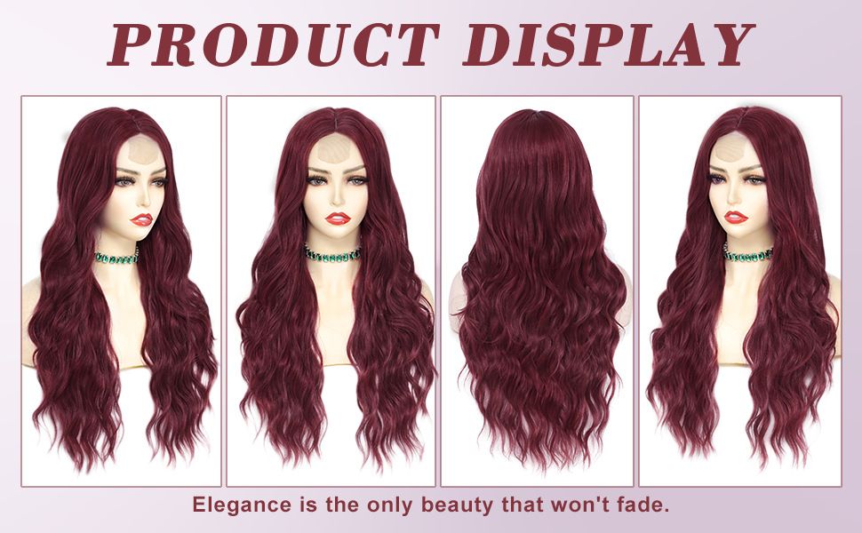Ladies wine red long curly hair forehead lace parting big wave 2396