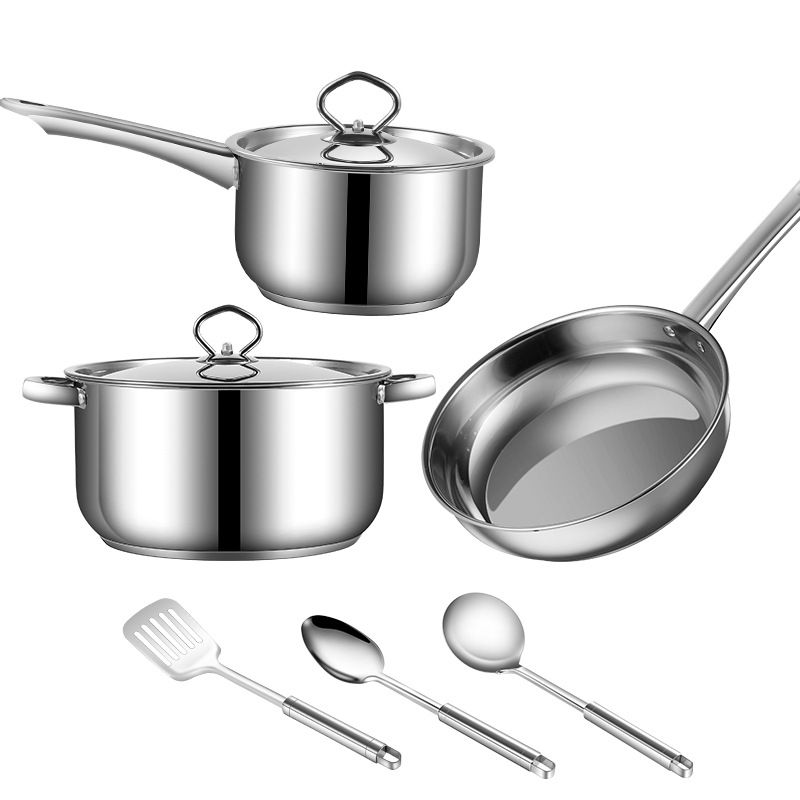 15-piece Stainless steel pot set thick composite bottom silver Cooking Pots frying pan soup pot milk pot spoon soup spoon stir fry spoon cookware set