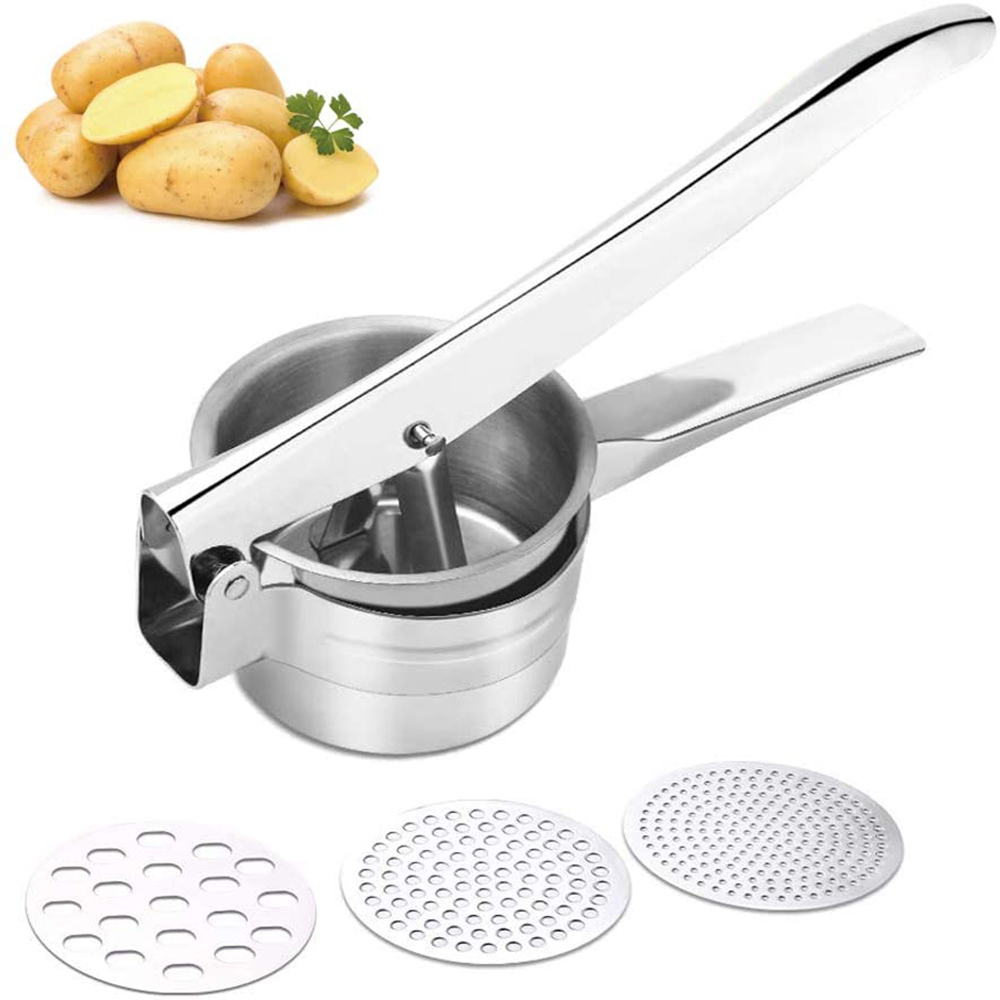Potato Ricer, Baby Food Fruit and Vegetables Masher, Food-Grade Stainless Steel, with 3 Removable and Interchangeable Discs, Easy to Clean.