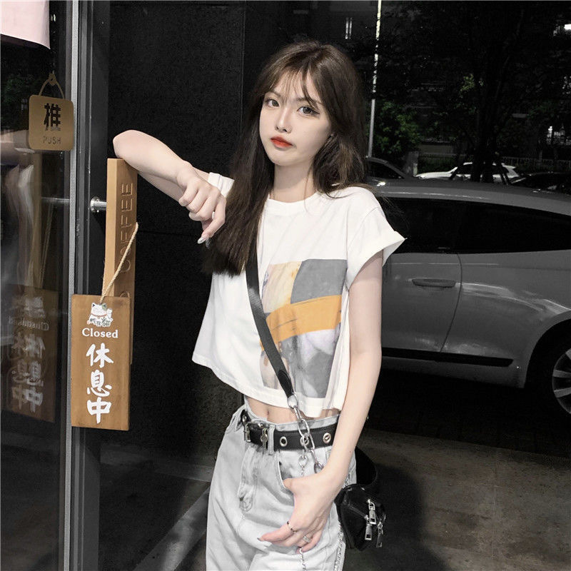 986 Women's Fashion Loose Casual Print Crop Top Short Sleeve T-shirt