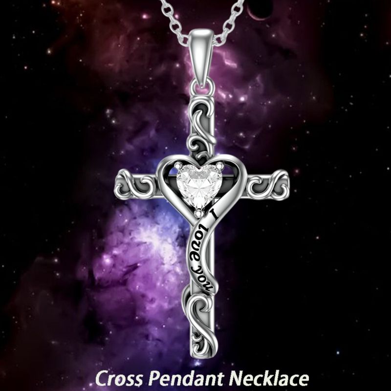 Cross pendant necklace, heart-shaped zircon lovers Valentine's Day gift CRRSHOP free shipping