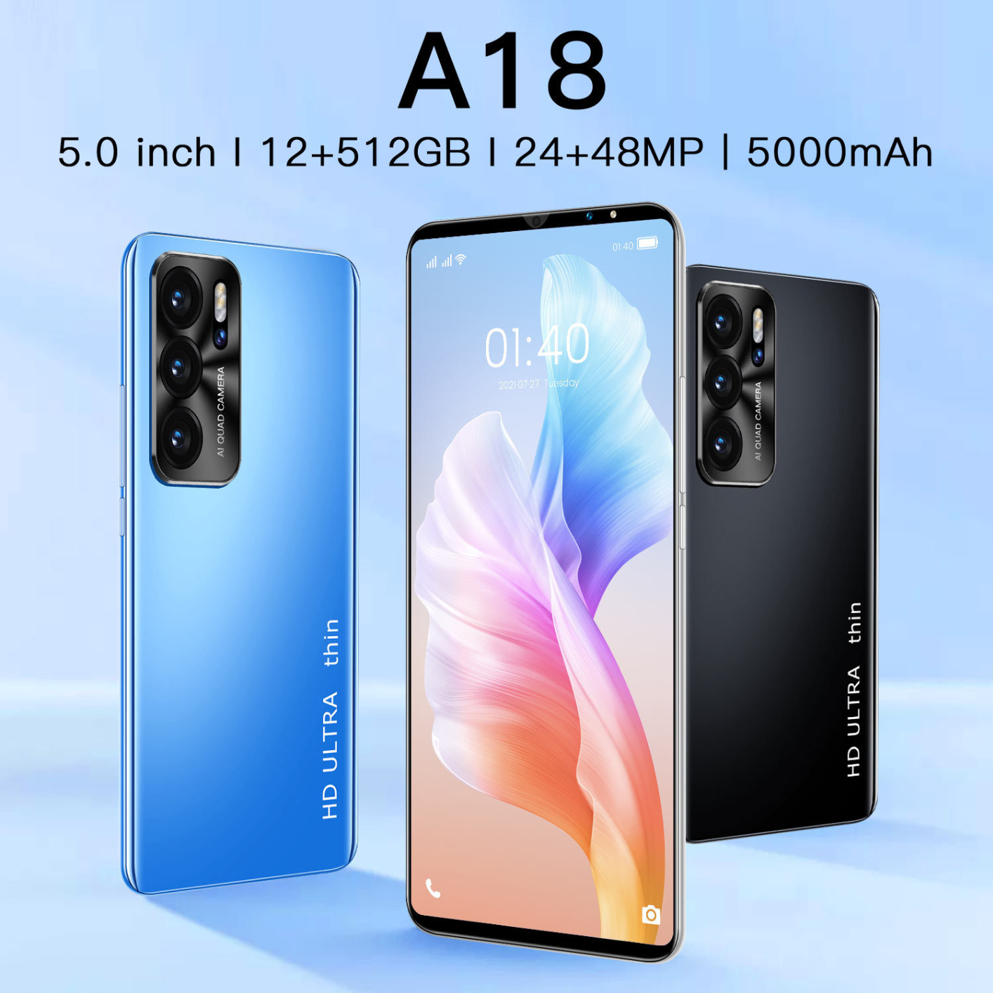 A18 5.0 Inch 64GB/128GB Global Edition Fingerprint ID Android 10.0 Cellphone 5000mAh 24+48MP Dual SIM+Micro SD Smartphones UK Plug