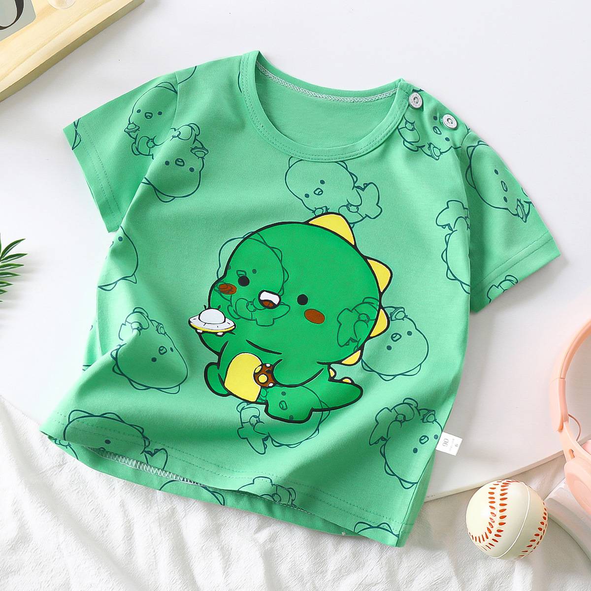 Baby Summer T-Shirt, Cute Cartoon Dinosaur Print Short Sleeve Tee, Breathable Cotton Casual Tops for Toddler Kids, Sizes 73-130cm, Single Pack, Soft Daily Shirts for Boys 