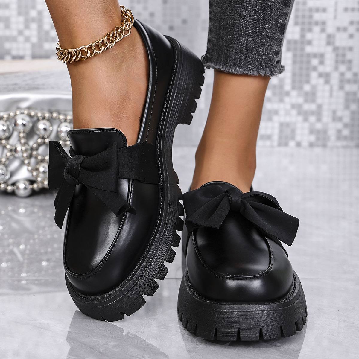 Plus size 35-43 black loafers female niche bow platform small leather shoes vintage single shoes female 24102510