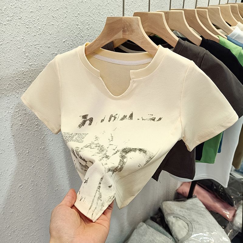 YF7779 Ladies Cotton Raglan Women Crop Top T Shirt Screen Printing Letter Graphic T Shirts Fitted Crop T-shirt for Women