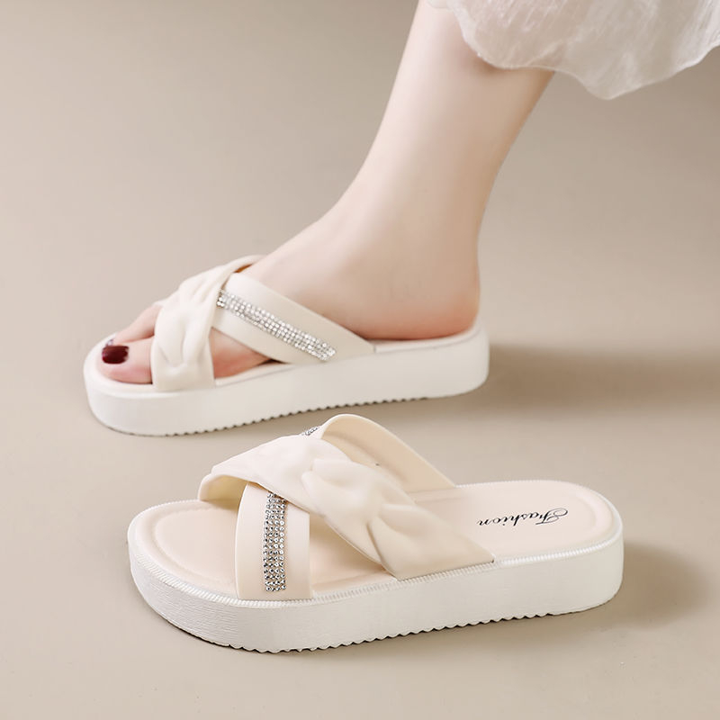 2306 Women Slippers Outdoor Thick Sole Rhinestone Cross Strap Beach Non-Slip Sandals