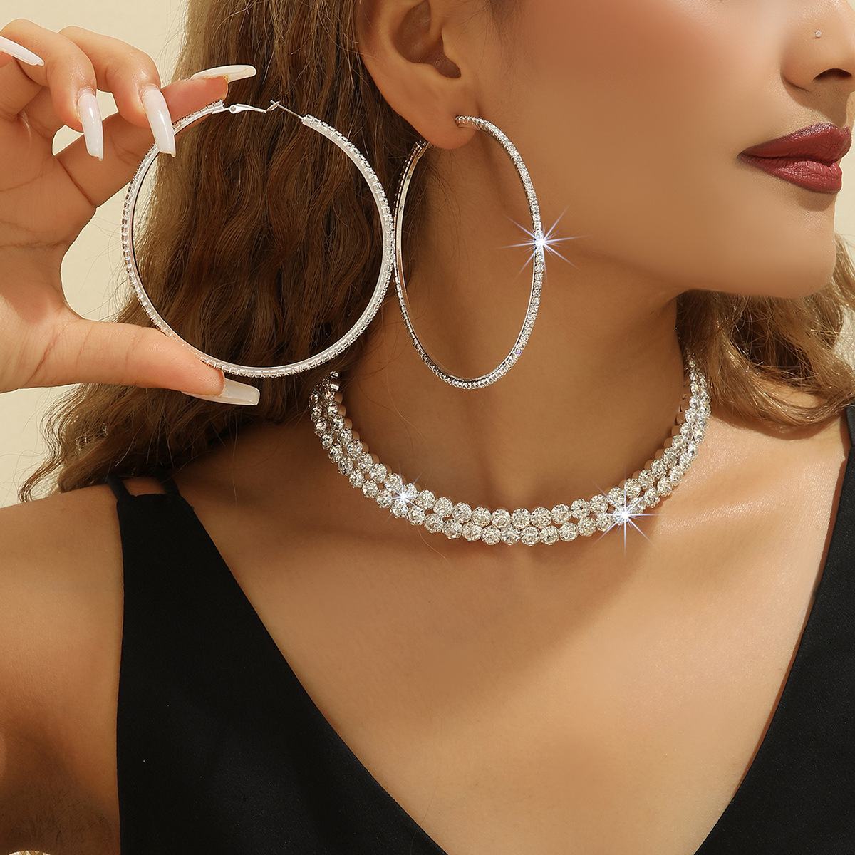 Eco-Friendly Bridal 2-Piece Jewelry Set, Luxurious Double-Layer Fully Paved Cubic Zirconia Choker Necklace and Matching Oversized Sparkling Hoop Earrings, Polished Silver Plating, Dense Prong-Set Shimmering Rhinestones, Elegant Neck and Ear Adornments Made for Wedding Ceremonies, Formal Banquets, Prom Parties, Evening Gown Outfits and High-End Photoshoots, Timeless Glam Gift Jewelry Choice for Women’s Bridal Showers, Birthday Events and Diverse Upscale Festive Occasions
