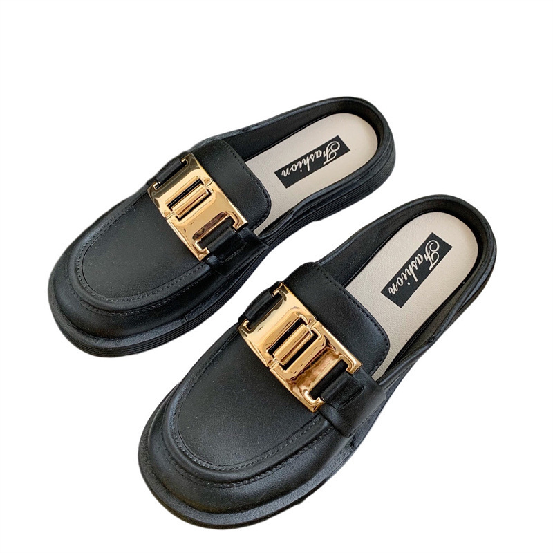 leather loafers Women's round-toe casual shoes Half-slippers for girls platform sandals