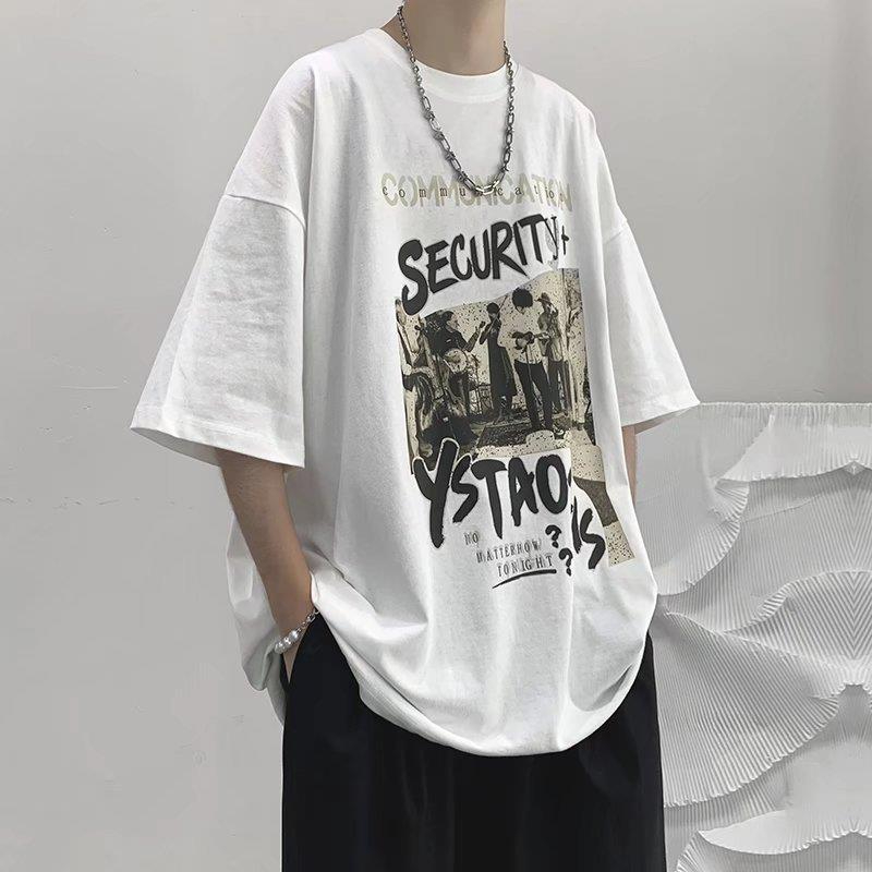QY Men's Summer Loose Crewneck Graffiti Print Top Casual Half Sleeve T-Shirt