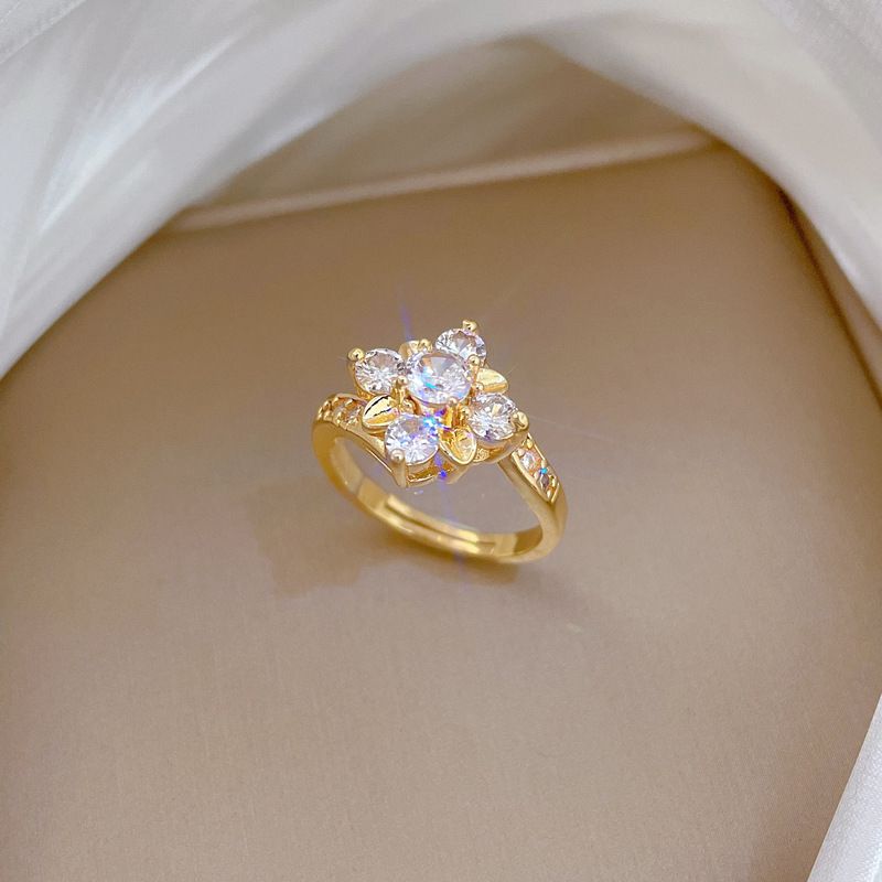 Light Luxury Full Paved Multi-Cut Zircon Flower Open Adjustable Ring Real Gold Electroplated Wide Finger Band Sparkly Crystal Floral Statement Hand Jewelry Minimalist Elegant Daily Dating Banquet Party Matching Accessory Gift For Women Ladies Stackable Ornament

