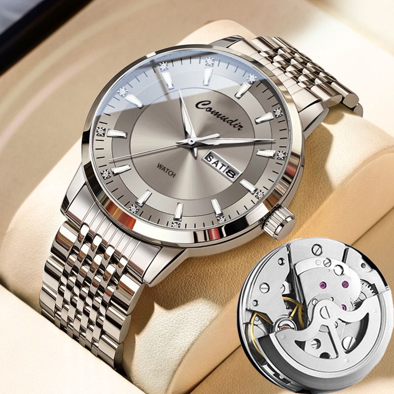 Men Business Dress Wrist Watch, 30M Waterproof Luminous Hands Dual Date Week Display Stainless Steel Bracelet Watch, Luxury Diamond Scale Quartz Watch for Male Daily Formal Wear
