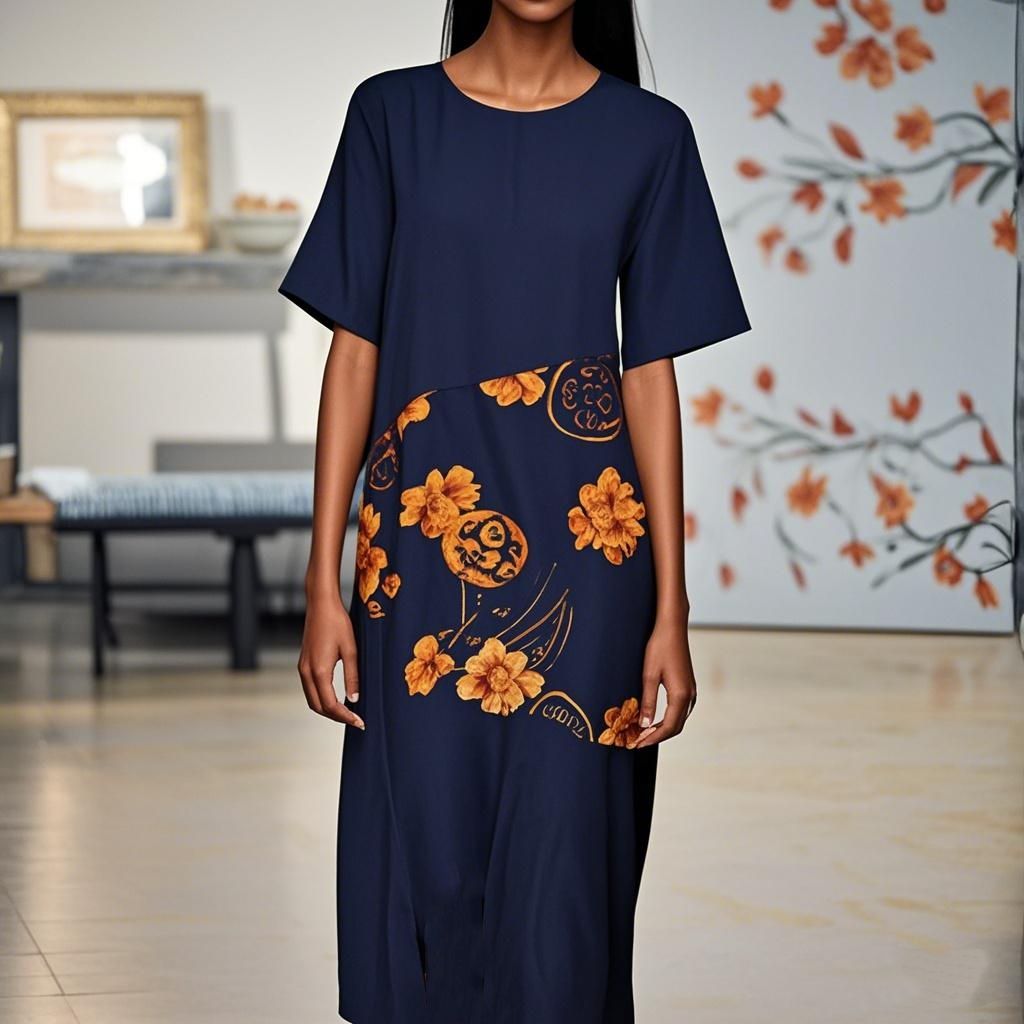 92% Silk Round Neck Yellow-Orange Printed Women's Dress
