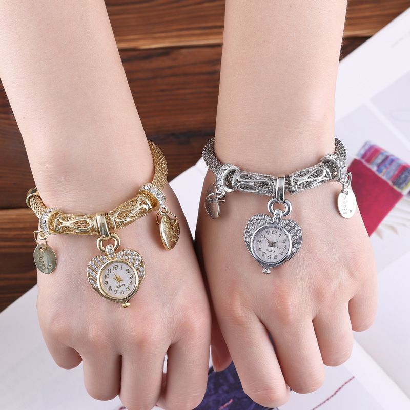 Digital Watch Heart-Set Diamond Bracelet Watch Gold Silver Rhinestone Love Quartz Watch