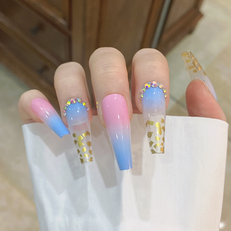 24PCS Fake Nails Rainbow With Rhinestone Long Detachable French Stick on Nails Coffin Flame Press on Nails Art 