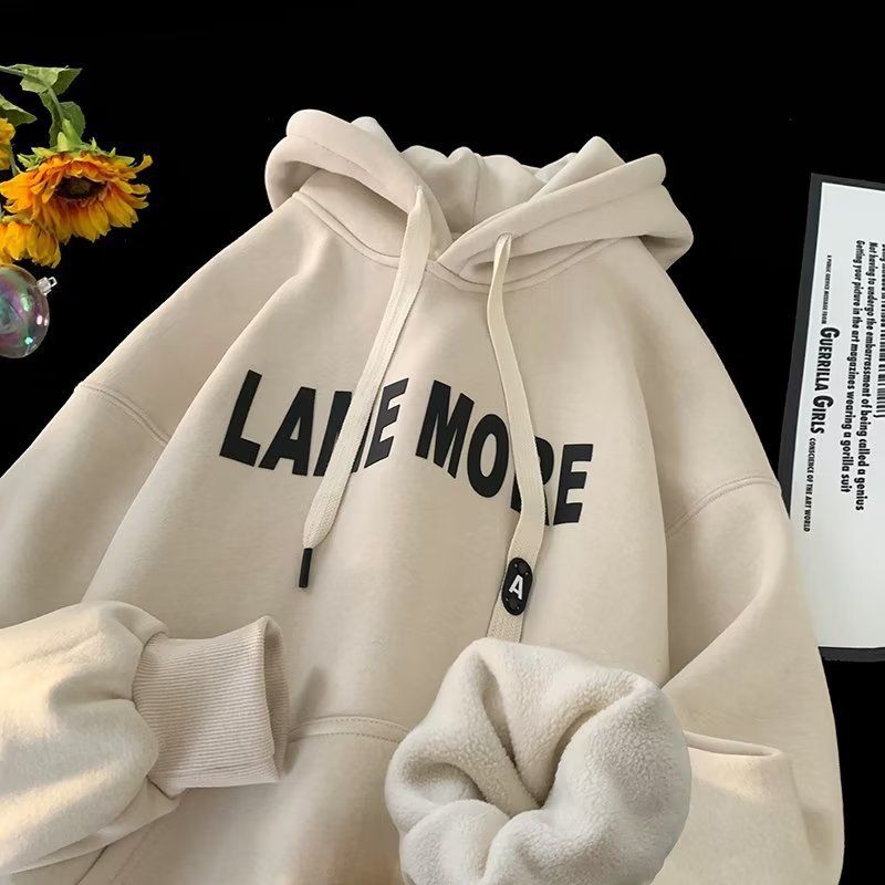 Y223 Autumn Winter Cotton Letter Hoodie Thickened And Loose Fitting Grey Letter Hooded Sweatshirts