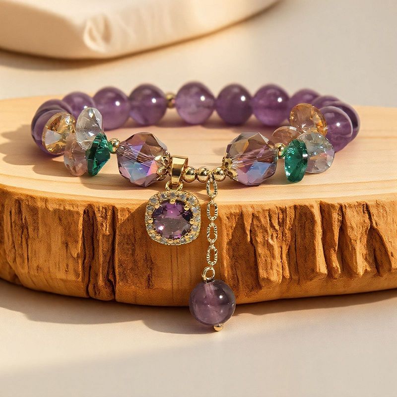 Purple Amethyst Beaded Charm Bracelet, Natural Crystal & Colorful Accent Beads Stretch Bracelet, Elegant Dainty Handmade Jewelry for Women, Spiritual Healing Stone Bracelet with Dangling Charms, Single Pack