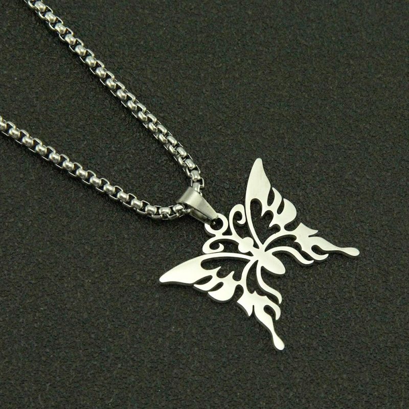 Stainless steel necklace, fashionable hollowed out butterfly pendant, square pearl titanium steel necklace CRRSHOOP free shipping Holiday gifts pendant necklace chain