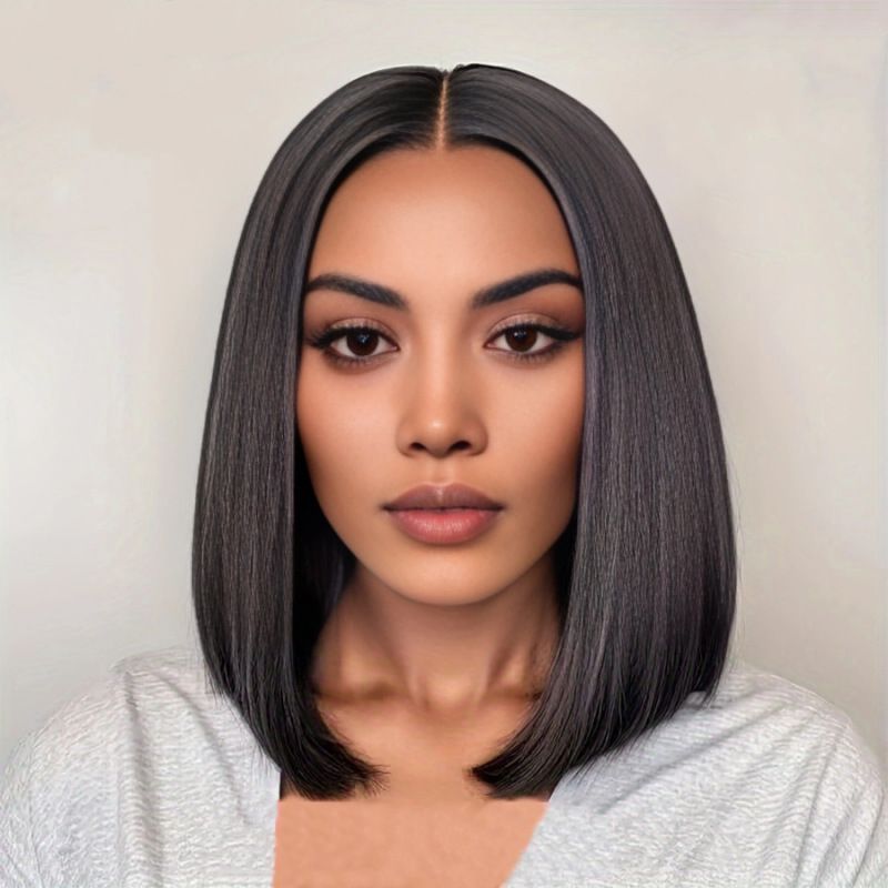 Cross-Border Hot-Selling Women's Black Realistic Middle-Parted Bob Wig, Shoulder-Length Short Hair Full Wig Cap, Cross-Border Fashion Export Wig