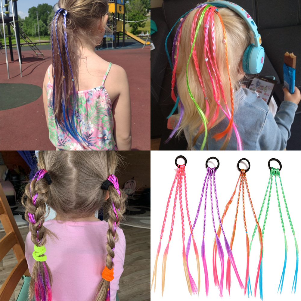 2pcs Colored Braids Hair Extensions with Rubber Bands Rainbow Braided Synthetic Hairpieces Ponytail Hair Accessories for Women Kids Girls Party Highlights Cosplay Dress Up