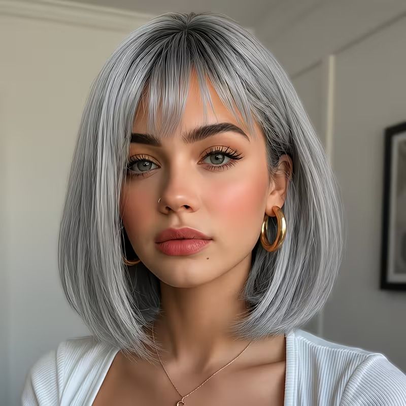 Granny Gray Short Straight Bob Wig with Air Bangs Natural Realistic Synthetic Wig Breathable Mesh Inner Net Full Head Wig Heat Resistant Fashion Hair Wig for Women Daily Party Cosplay Casual Wear