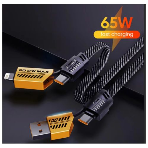 Multi-function Data Cable, 4-in-1, Super Fast Charging, Dual Type-C, 65W, Braided Nylon, PD27W - BLACK/YELLOW