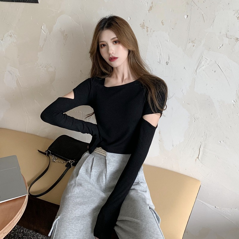 GW-536 Women's Fashion Tight Design Sense Solid Color Ripped Round Neck Thin Long Sleeve T-shirt