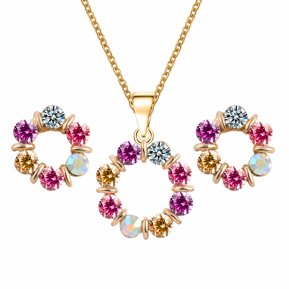42C51 Fashion 2PCS Colorful Crystal Rhinestone Hoop Pendant Earring Set Wedding Party Jewelry Sets For Women