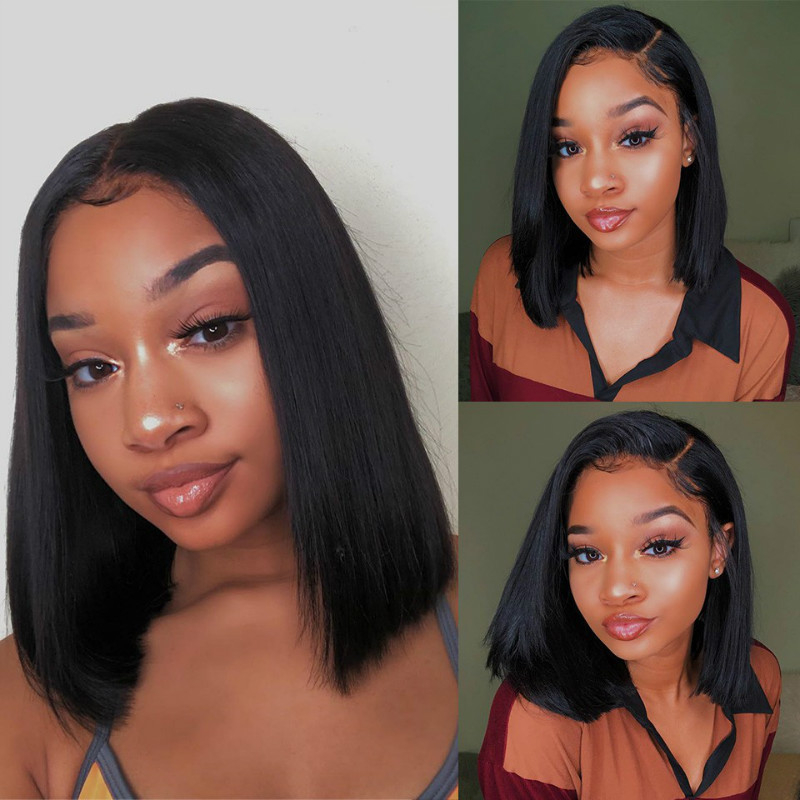 K142 16inch Brazilian Straight Bob Wig Human Hair Lace Front Wigs Pre-Pucked Short Bob Lace Part Wig For Women Glueless Human Hair Wigs