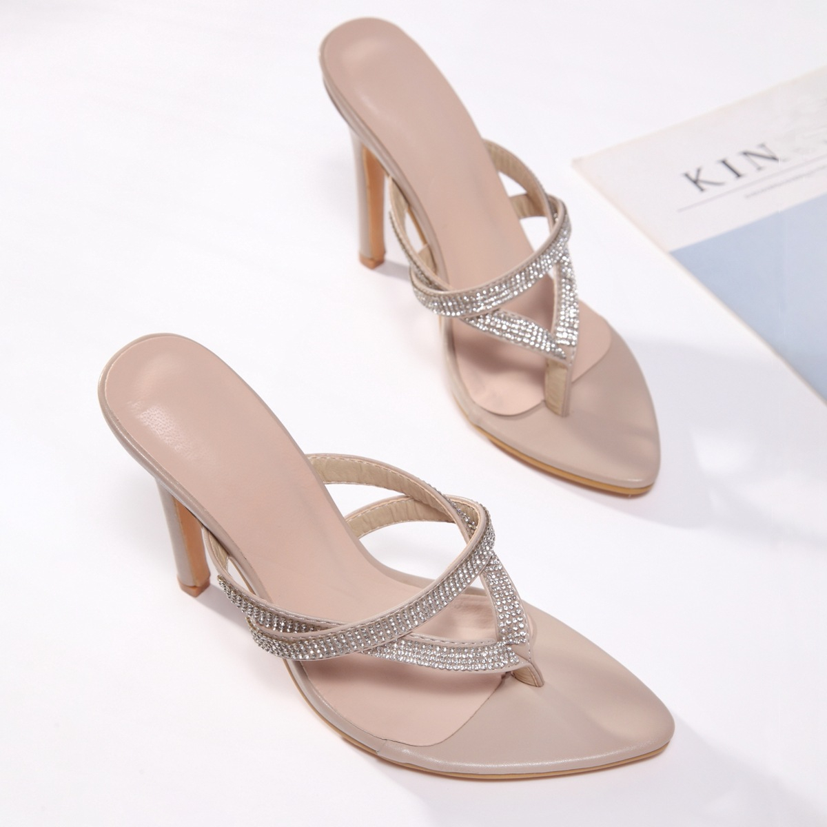 PL0093 Womens Thong Heels Mules Square Toe Heeled Flip Flops Mule Sexy Stiletto Dress Party Sandals