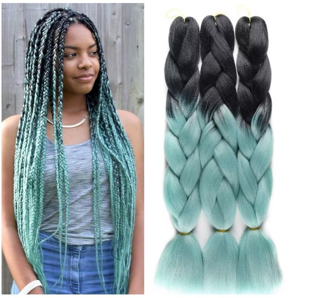 Obaasima Strands OS Ombre Braiding Hair 82" BY16 For Braid And Rasta / Black / Mint Green