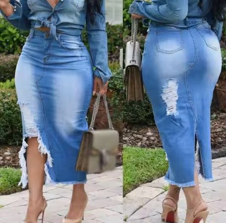 High Waist Denim Slit Pack Hip Skirt - Unique Design straight high Waist Women's Split Skirts -  Denim Skirt For Women