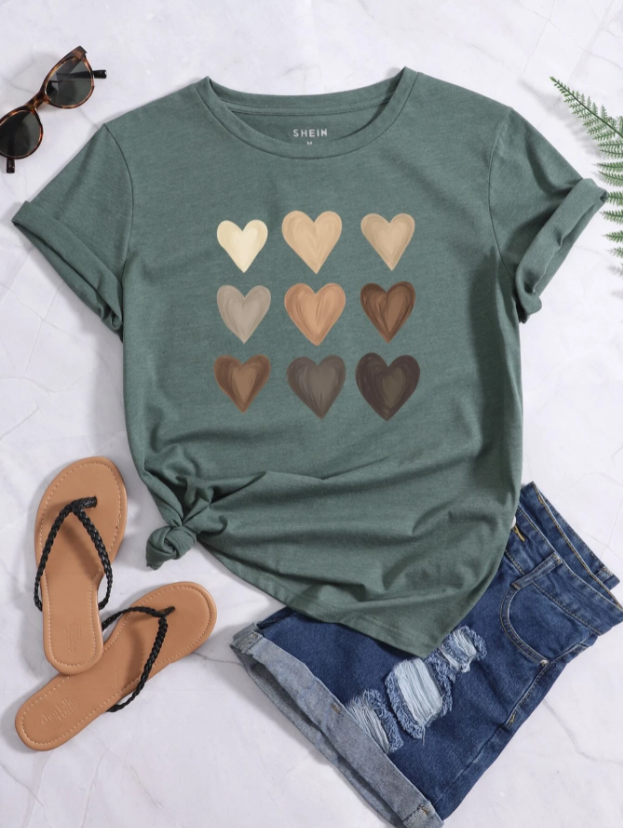 DX066# Women Heart Print Crew Neck Tee T-Shirt