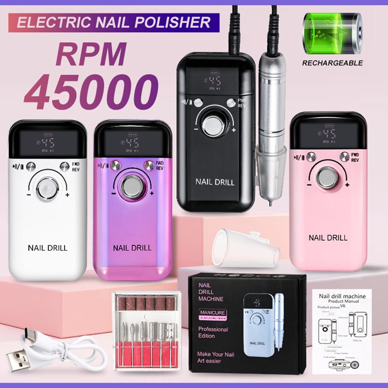 DMJ-V6 45000RPM Electric Nail Drill Machine Professional Nail Drills for Gel Nails Polish Rechargeable Portable Nail File Manicure Tool