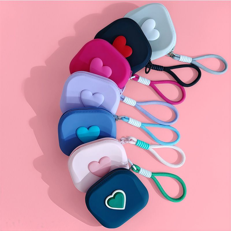 Cute Heart Square Silicone Storage Bag Portable Handheld Bluetooth Earphone Case Mini Coin Purse Card Key Wallet for Women Daily Use
