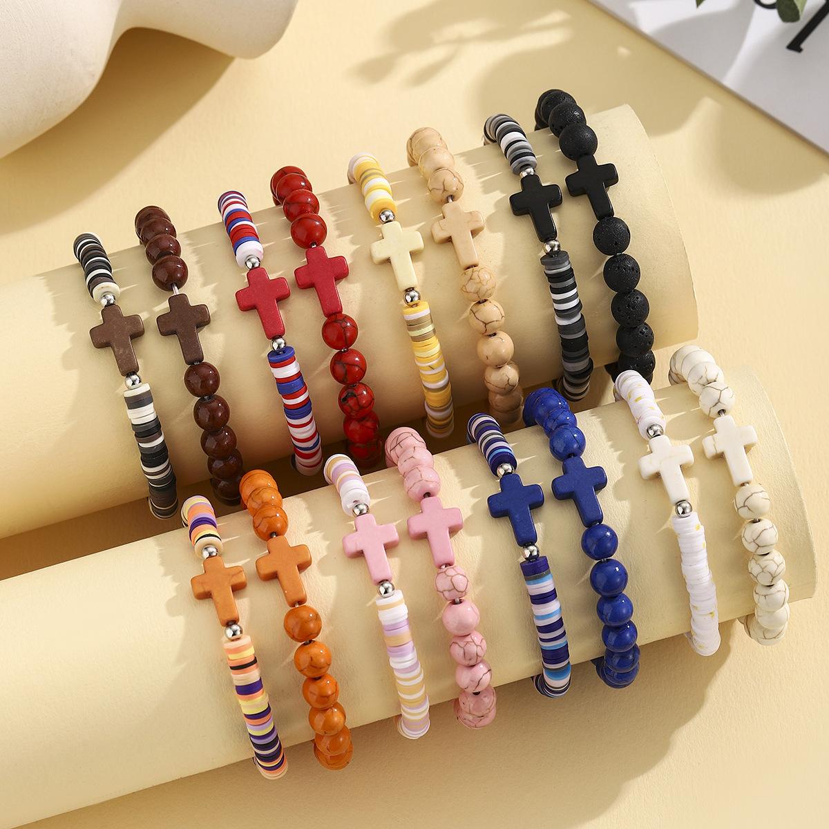 Natural Turquoise Cross Charm Soft Clay Beaded Elastic Bracelet Set, Multi-Layer Colorful Disc Bead Wrist Jewelry, Unisex Couple Casual Hand Accessory, 8 Optional Color Styles, 15g Lightweight Comfortable Stretch Strand, Daily Wear Fashion Ornament With Minimalist Retro Religious Styling