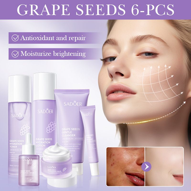 Grape Seeds Antioxidant & Hydrating 6-Piece Skincare Set, Moisturizing & Repairing Facial Care Kit with Cleanser, Toner, Lotion, Cream, Serum and Eye Cream, Nourishing Anti-Aging Daily Skin Care Gift Set