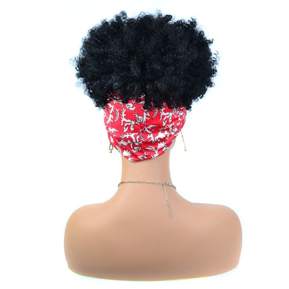 TopKiss Black Curly Wig with Headscarf, High Temperature Fiber Headband Hairnet Wig for Women Local