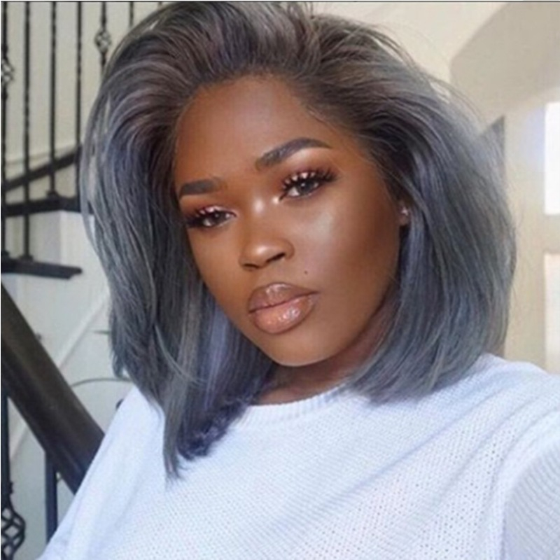 527 14 Inches Short Ombre Grey Bob Wigs for Women Straight Synthetic Hair Wig Fashion Grey Wig with Dark Roots