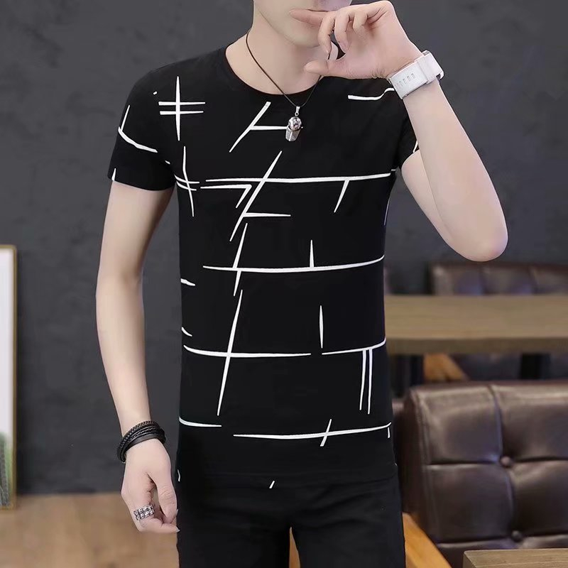 men's short sleeves crewneck printed geometric T-shirt simple casual boys' top