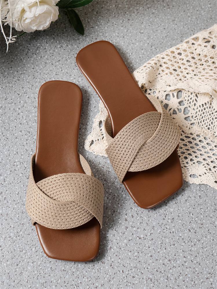2025 Summer New Cross-Strap Square Toe Flip Flops Women's Large Size Fabric Flat Beach Sandals