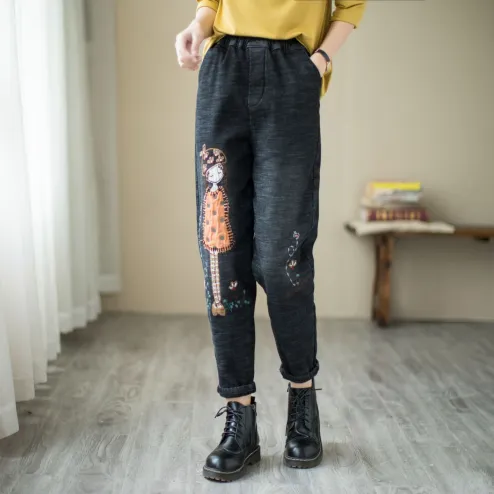 Fleece pants autumn and winter new girl patch thickened plus fleece jeans  women loose straight high waist thin Harlan pants
