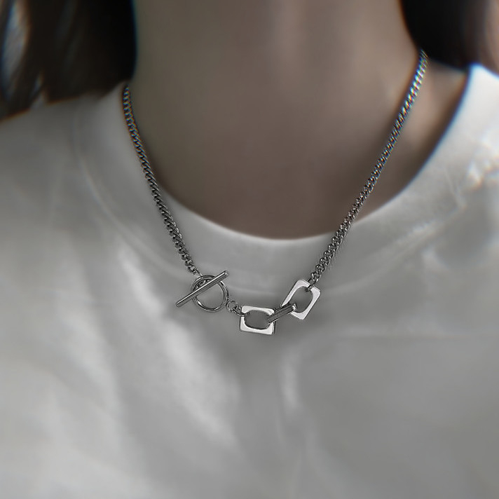 Teeming original genderless unisex titanium steel OT buckle necklace male and female stitching elements street short clavicle chain