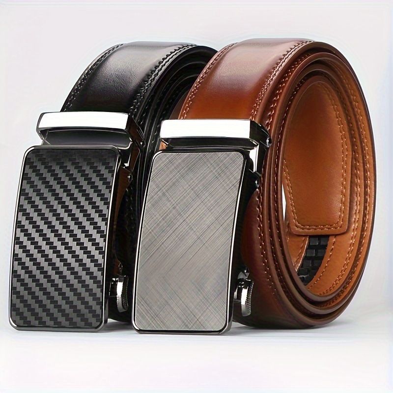 Matte Metal Automatic Buckle Men Genuine Leather Belt, Youth Business Casual Adjustable Leather Waist Strap, Fashion Daily Dress Belt For Gift