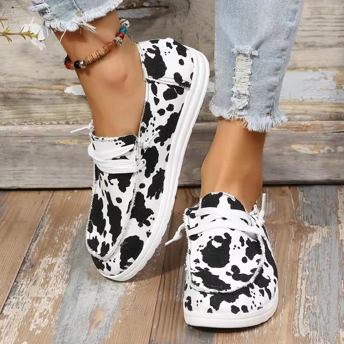 Cow Print Shoes Canvas Sneakers for Women Slip-Ons Flats Ladies Loafers
