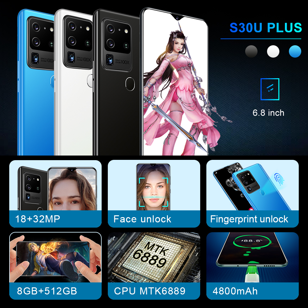 S30U Plus Smartphone 6.8Inch Full screen 8GB RAM+512GB ROM Dual Sim Dual Standby Face Recognition Mobile Phone