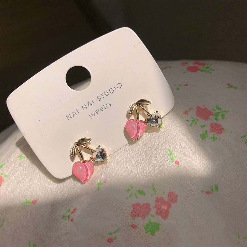 Women's Sweet Pink Small Cherry Stud Earrings Jewelry Gift