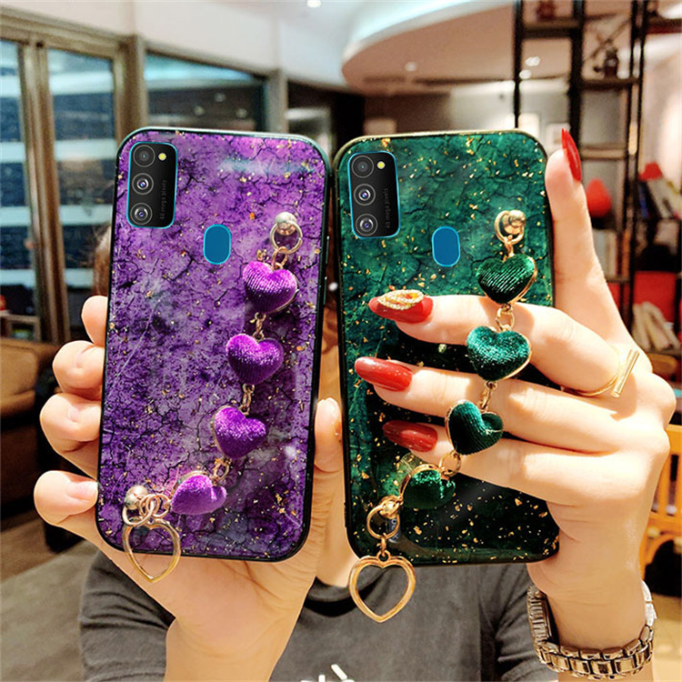 Samsung Galaxy M30S M21 Phone Case with Fashion Personalized Shiny Gold Paper Epoxy Marble Pattern Beautiful Full Cover Shockproof Protection Back Cover With Cute Lovely Beautiful Bracelet 