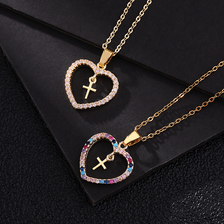 Necklace male female couples jewelry Europe and America fashion New Jewelry love Micro inlaid colored zircon geometry cross Pendant Heart shaped necklace CRRSHOP men women Colorful gold necklace lovers 